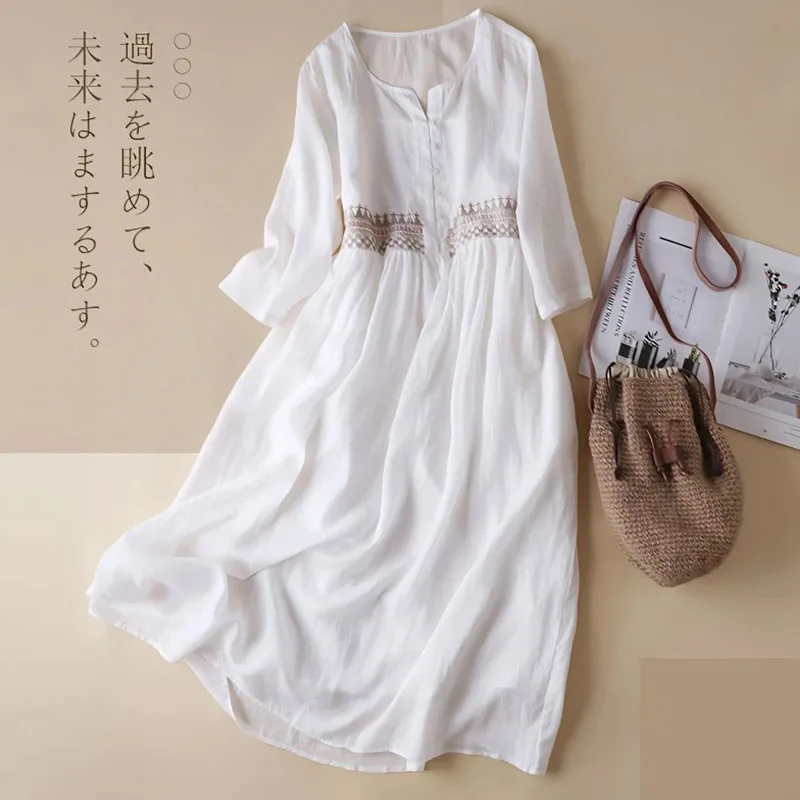 2025 Korean Ladies Large Size 4XL Embroidery Long Dresses High-end Women  Cotton Dress Spring Summer Femme Round Neck Maxi Dress - AliExpress  200000345