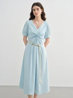 DUSHU 2025 Summer Plus-Size French-Inspired Textured Dress – Elegant Puff Sleeves & Waist Twist Design 25DS82299