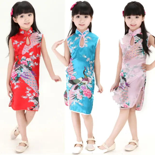 Cheongsam robe bébé fille Qipao vêtements d'été paon sans manches mince robe traditionnelle enfant filles vêtements Style chinois 1