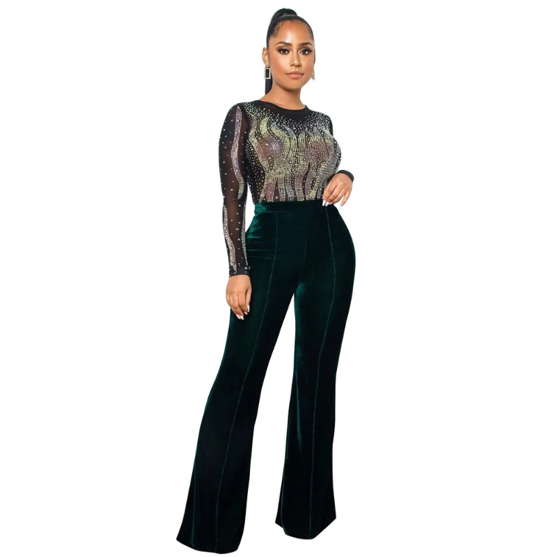 WSFEC Spring 2023 Fashion Jumpsuits Women Clothing Patchwork Velvet Perspective Sequins Wide Leg Club Party Evening Bodysuits
