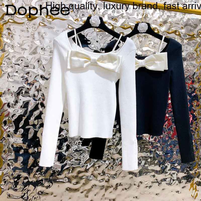 

Contrast Sexy Square-Neck Color Bow White Knitted Women Korean Fashion Slim Fit Pullover Sweater 2023 Spring New Clothes