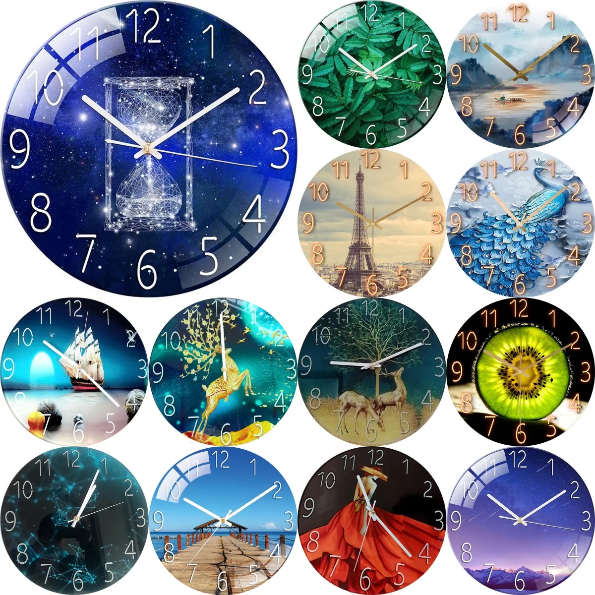 12 Inch Silent Quartz Hourglass Scenery Wall Clock Round Digital Modern Wall Clock Not Ticking Bedroom Living Room