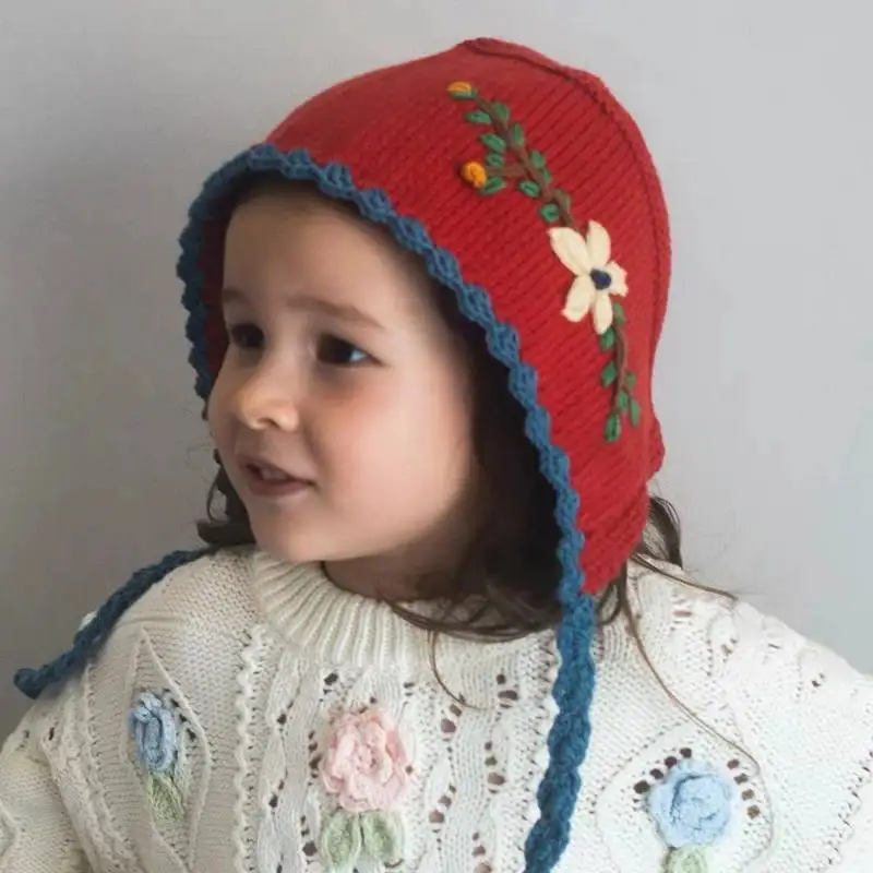 Wool Knit Hat With Flower On Side Hand Made Multi Colored