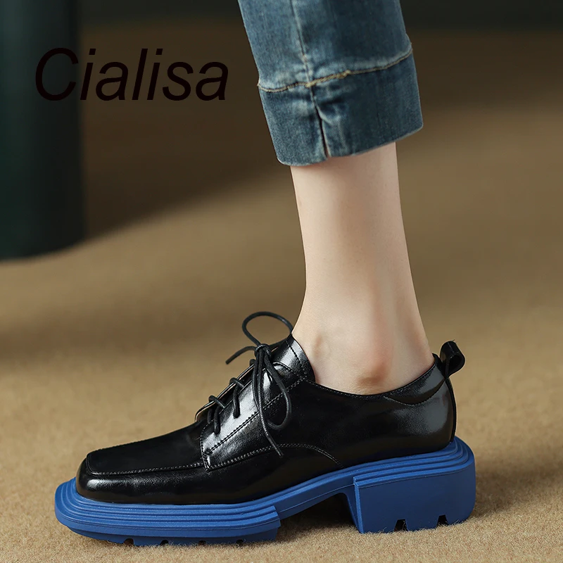 

Cialisa Women Shoes Spring Autumn Genuine Leather Platform Loafers Cross-Tied Casual Thick Heels Square Toe Ladies Footwear 41