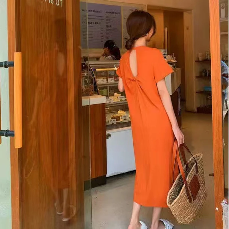

2022 Summer Casual Long T-Shirt Skirt Pajamas Girl's Backless Loose Oversized Short-sleeved Women's Long Dresses 45-150kgs