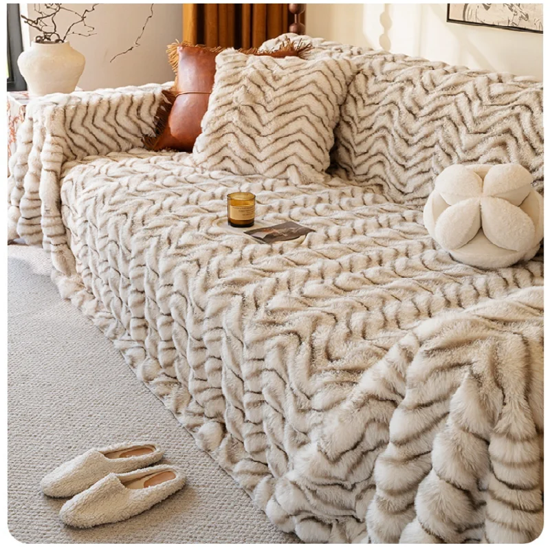 Imitation Rabbit Plush Sofa Towel Winter Warm Fluffy Throw Blanket Super Soft Smooth Thicken Velvet Sofa Cover