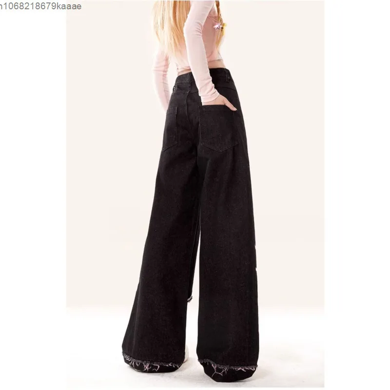 Sanrio Hello Kitty Bow Cartoon Graffiti Printed Fashion Jeans Women's Autumn Winter New Loose Wide Leg Pants Straight Trousers 4