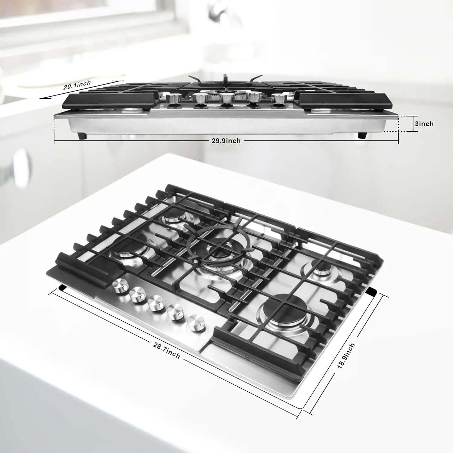 30 Inch Gas Cooktop, Gas Stove Top with 5 High Efficiency Burners, Bulit-in Gas Countertop in Stainless Steel for kitchen 6