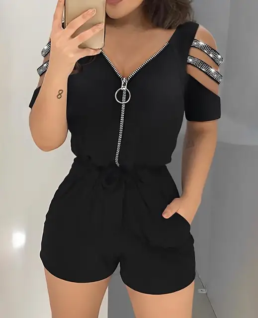 Summer Outfits for Women 2023 Fashion Zipper Design Cutout Cold Shoulder Short Sleeve Top ; Casual High Waist Shorts Set Y2k New