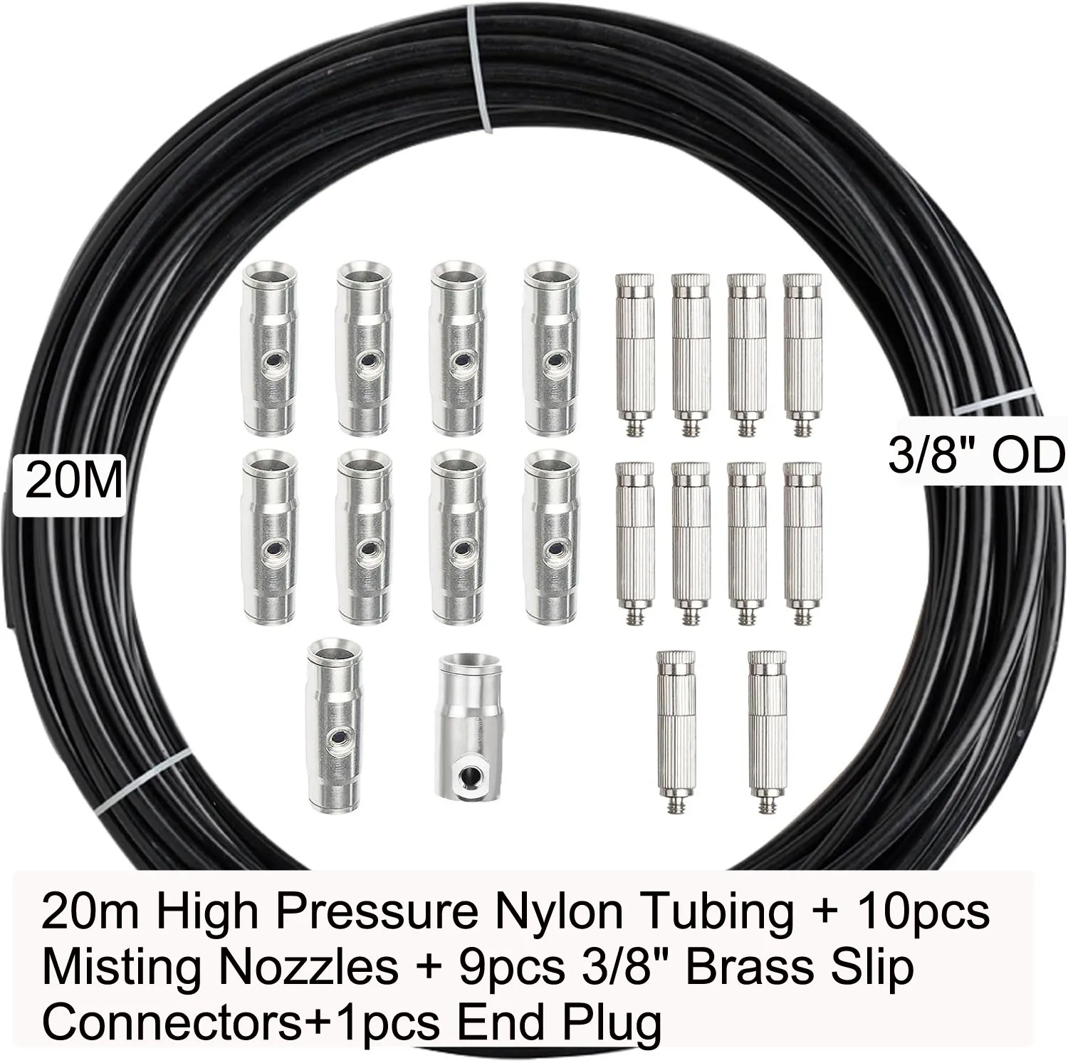 Hochdruck-Nebelkühlsystem für den Außenbereich, 3/8 Zoll AD, Hochdruck-Nylonrohr-Nebeldüsen, 3/8 Zoll Messing-Slip-Anschlüsse