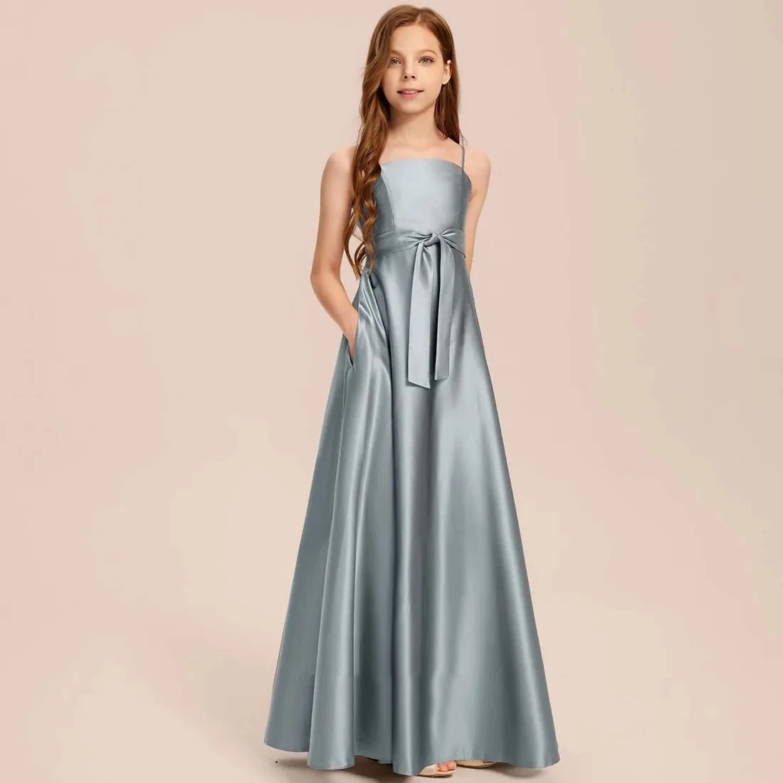 

YZYmanualroom Satin Junior Bridesmaid Dress Flower Girl Dress With Bow A-line Square Floor-Length 2-15T