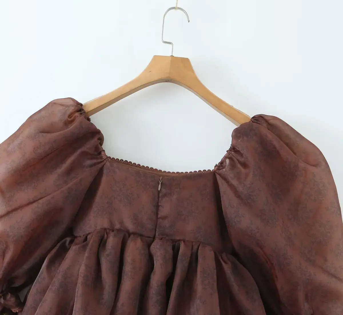 Women Brown Flower Print Puff Mini Dress With Square Neckline Short Sleeve Preppy