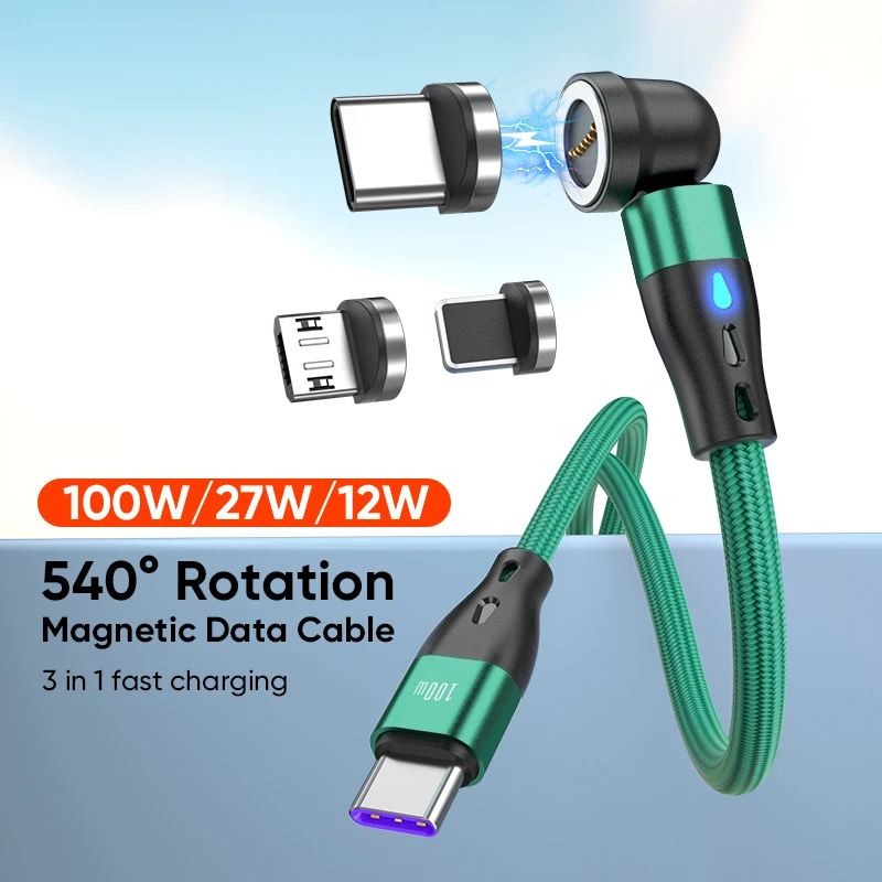 100W 9PIN 3 in 1 multi function PD magnetic cable 540 rotation L shape  straight design fast charging magnetic cable