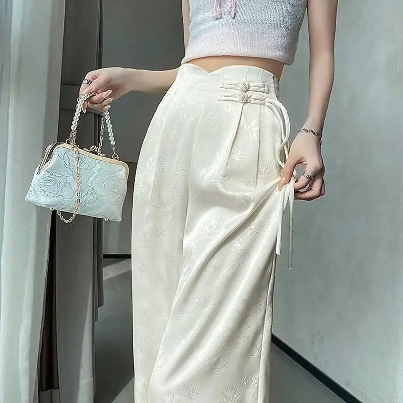 Fabric: New Chinese style wide leg pants, women's jacquard satin double button suit pants, high waisted casual pants