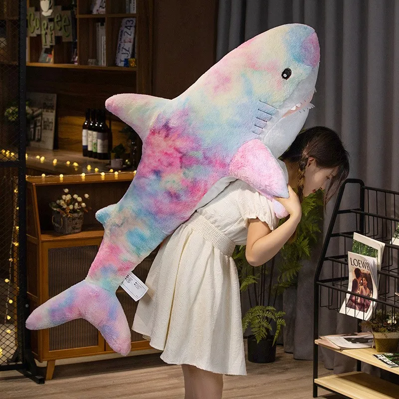 Kawaii Rainbow Colorful Plushie Shark Toys Sleeping Pillow Fish Back Cushion Doll Appease Baby Toy For Children Christmas Gifts