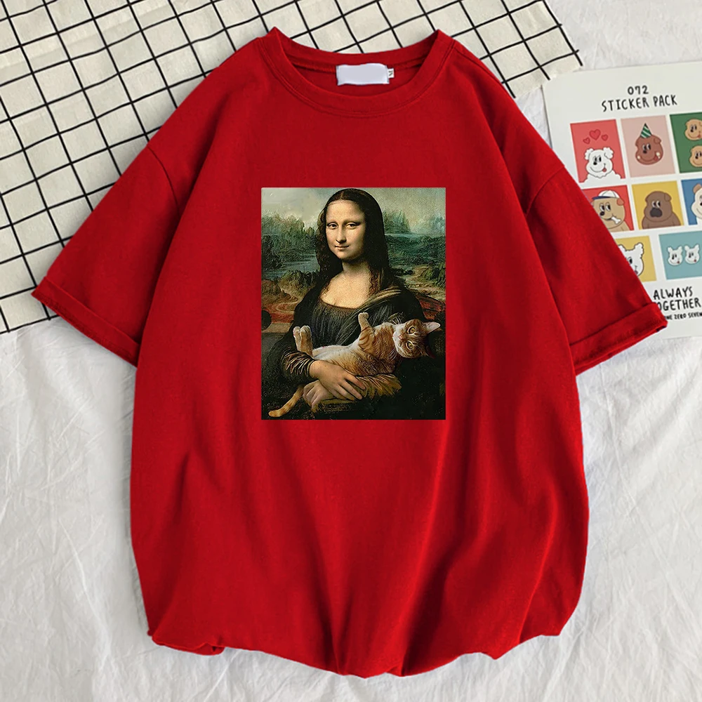 

Famous Painting Mona Lisa Hold Cat Prints Men Cotton T-Shirts O-Neck Creativity Short Sleeve Fashion Casual Mans Tee Clothing