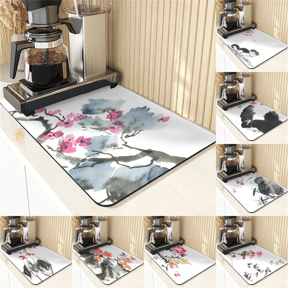 

Chinese Style Coffee Dishes Non-Slip Mat Coaster Plant Ink Painting Pattern Silicone Dish Mats Kitchen Coasters For Coffee Cups