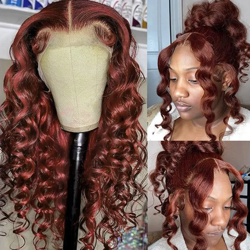 4x4 Closures Wig Reddish Brown Water Wave Lace Front Wig 180% Density Copper Red Curly Human Hair Wigs 13x6 HD Lace Frontal