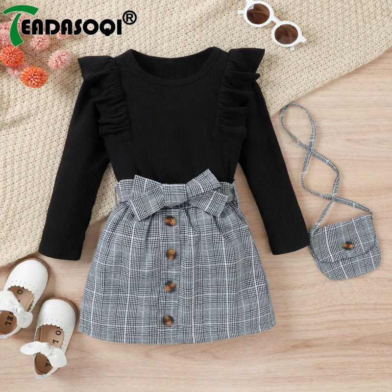4-7Y bambini ragazze abbigliamento vestito tinta unita manica lunga volant top + gonna scozzese con cintura + borsa bambini ragazza Costume 3 pezzi Set - immagine 3