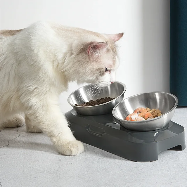 PETWAN Raised Cat Bowl Stainless Steel,Non-Slip Silicone Mat&Raised Cat Feeder with 15°&0°Tilting Neck Protective Bowl for Pets 4