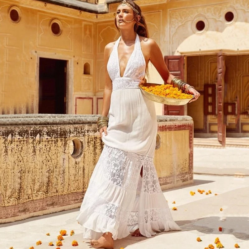 

Sexy White Dress Lace Hanging Neck Split Ruffle Edge Open Back Dress Long Bikini Coat Vacation Beach Loose Long Dress Female