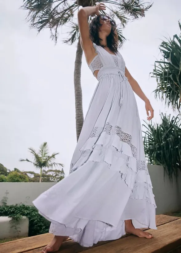 2023 Summer Beach Dress Sleeveless Cotton Maxi Dresses Boho Style Solid Color Lace Ruffled Sundress Mujer Vestidos