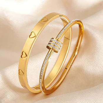 Yupsk New 2pcs Stainless Steel Stacking Bracelet Set for Women Zircon Inlaid Heart Shaped Design Versatile Bangles Jewelry Gift 1