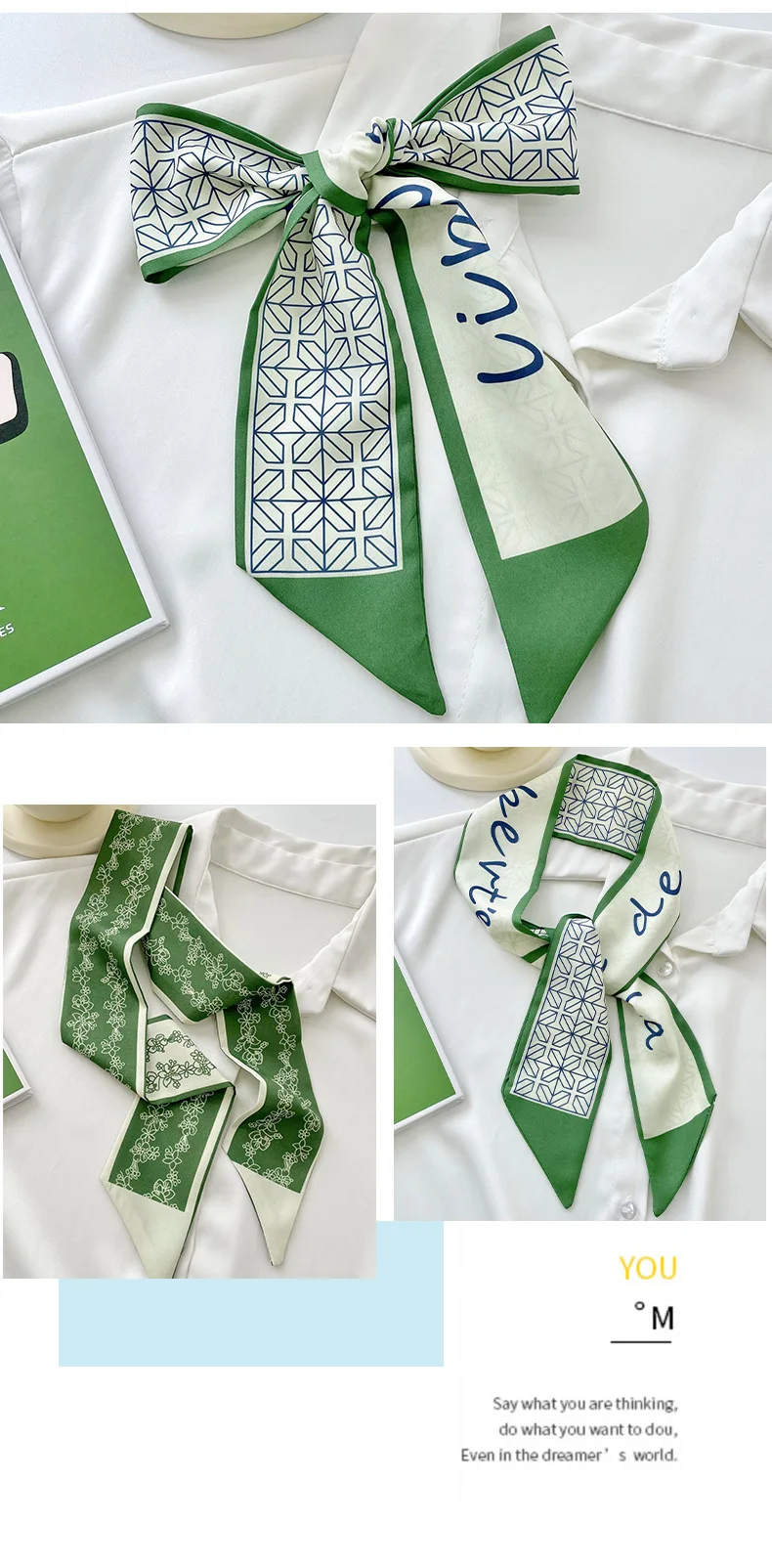 Korean green headband long small silk scarf for Women, Soft Comfort Elastic Headband, Workout Daily Casual Evening Gift Chic