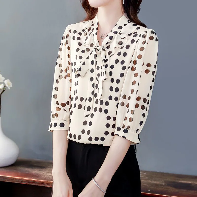 Fashion Three Quarter Sleeved Floral Chiffon Shirt for Women Summer Clothes Polka Dot Print Drawstring V-Neck Straight Blouses