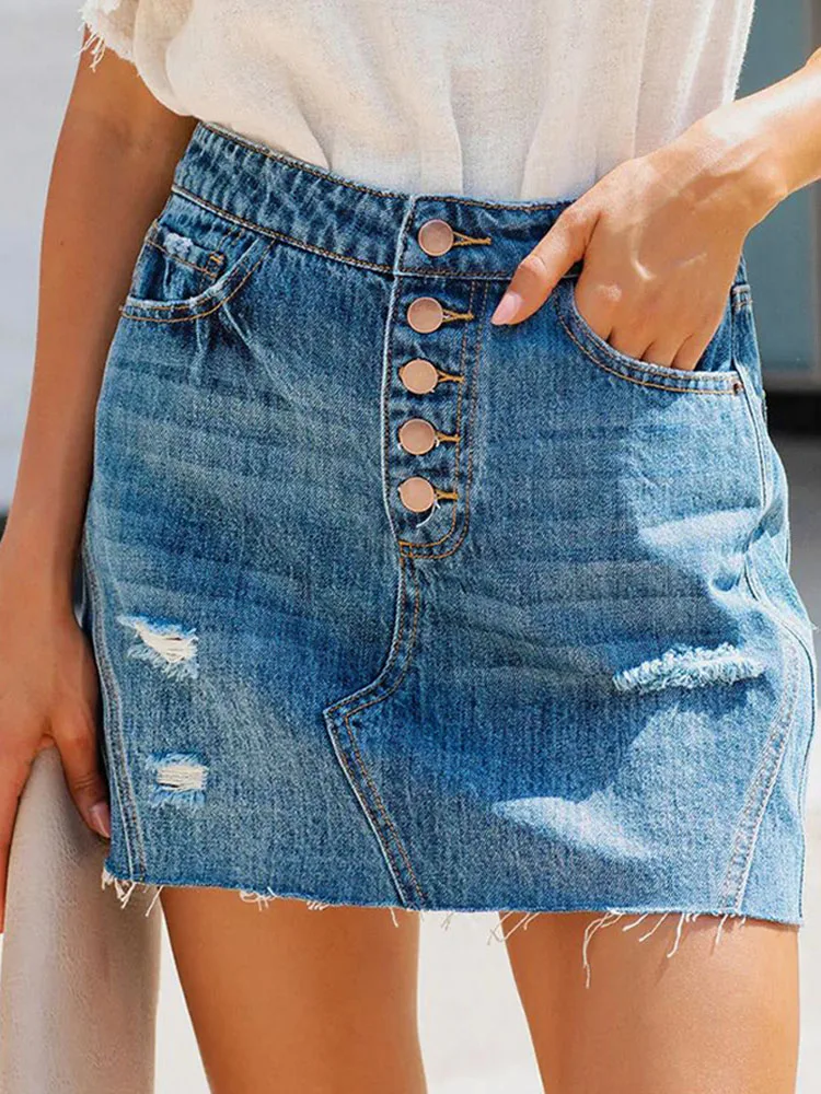 

Liooil Sexy Button Up Hole Stretch Denim Skirt Women High Waist Bottoms With Pockets Streetwear Blue Cotton Skinny Jean Skirts