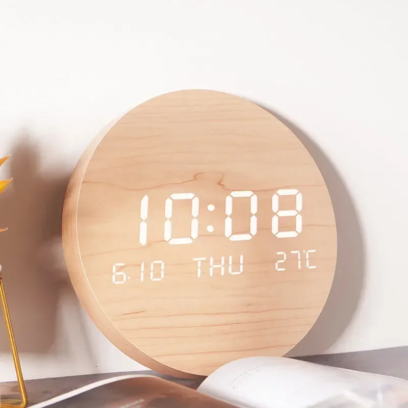 Faux Wood Panel Electronic Wall Clock Living Room Decorative Digital Electronic Rechargeable Bedside Wall Clock