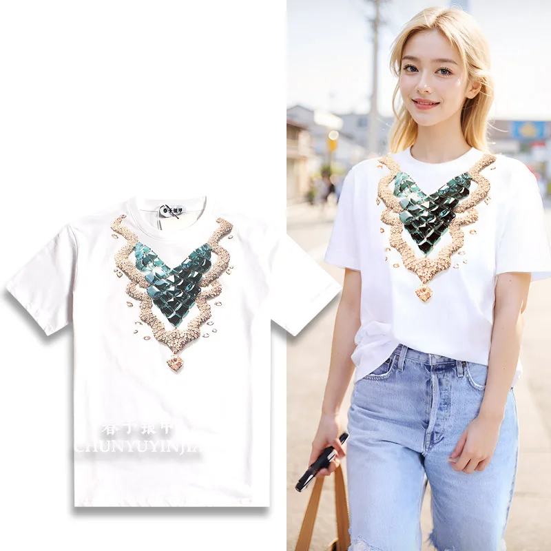 

Chun yu yin jia Designer luxury brand Diamond Pattern 3D Print Short-Sleeved t Shirt for man Black White Women tee