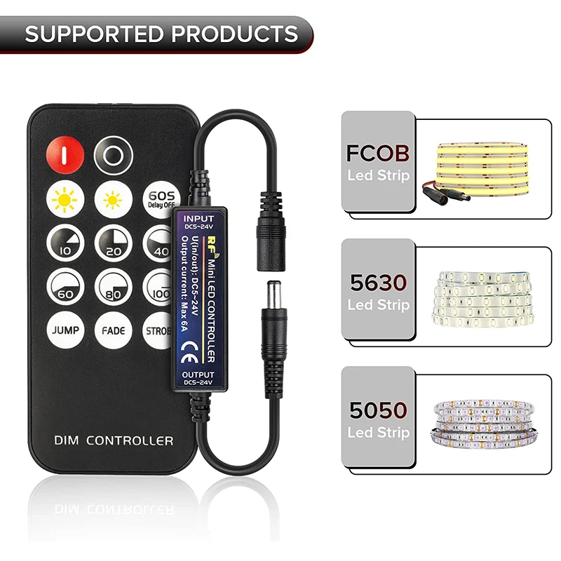 Mini LED Dimmer DC5-24V 6A Wireless RF Controller Switch 14 Key Remote Control Single Color LED Strip Light Led Dimmer Switch Led Strip Controller Smart Dimmer Switch Led Strip Switch Led Dimmer Controller