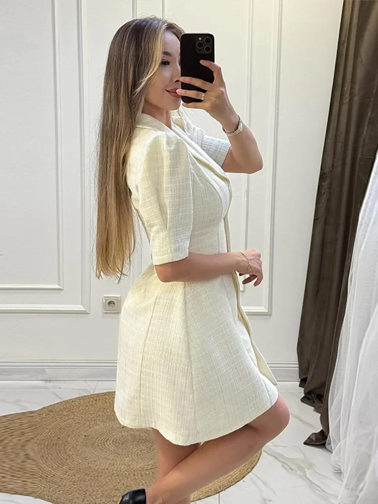 Revers Kurzarm Taille Cinching Mini Kleid Frauen Elegante Puff Ärmeln Einreiher Schlank Party Abendkleider Neue Partywear