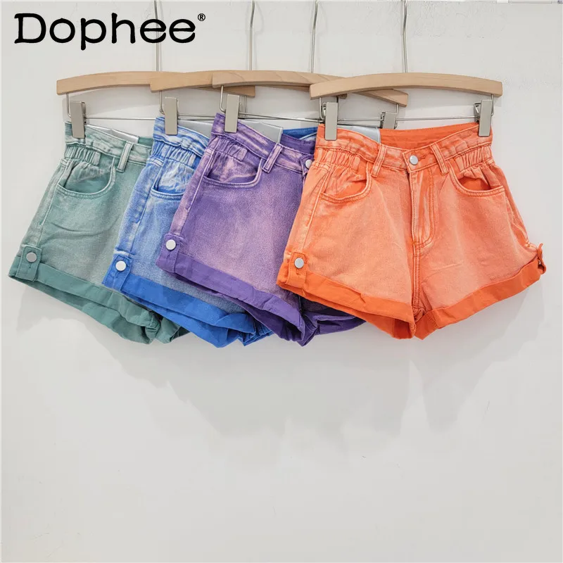 European Goods Curling Denim Shorts Women 2024 Summer Elastic High Waist A- Line Wide Leg Short Pants Fashion Casual Hot Pants