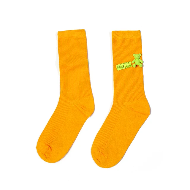 Black and White Pure Color Tube Socks Female Pin Bear Lovely Personality Tide Socks INS Korean Students Long Tube Cotton Socks 12