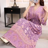 Colorful Flower V-neck Elastic Youthful Bohemian Sweet Midi Dress Woman Clothes Chic Fashion Summer Dresses 2025 Large Swing Ski