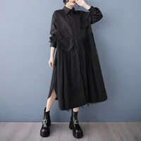 #2609 Black White Women Irregular Shirt Dress Long Sleeve Loose Split Joint Mesh A-line Midi Dress Ladies Single Breasted Spring 1