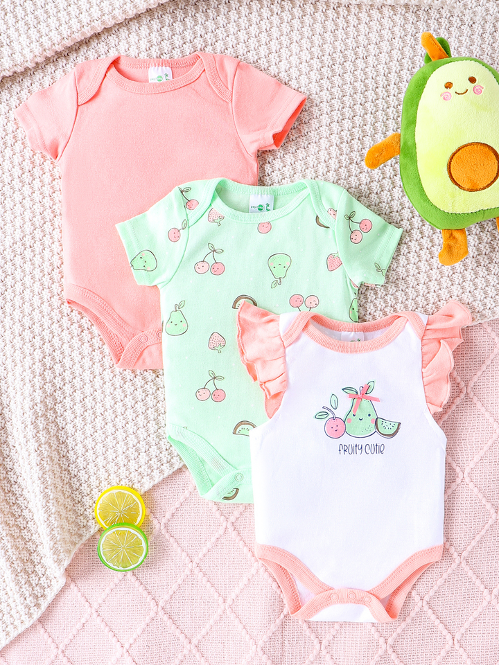 3PCS summer baby girl one-piece cotton fabric breathable and comfortable short-sleeve fruit pattern baby clothing 0 ~ 9 months