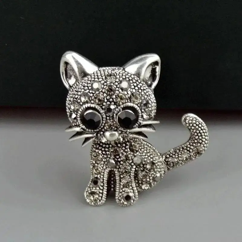 Retro Kitten Brooch Antique Silver Fashion Women's Collar Accessories Creative Cute Animal Studded Diamond Chest Flower Collar