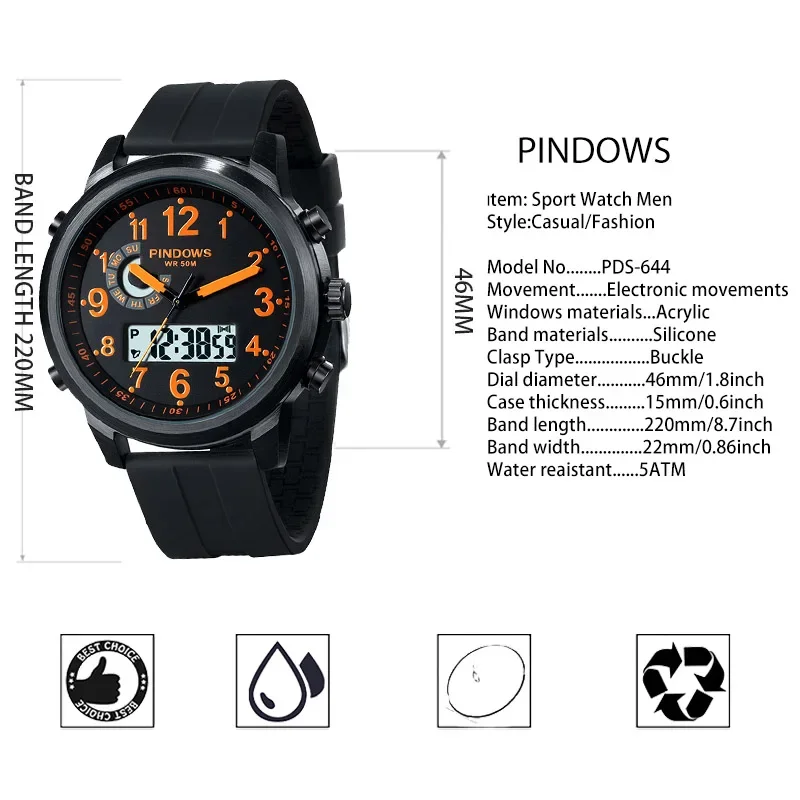 Relógio masculino original à prova d'água, mostrador grande de aço