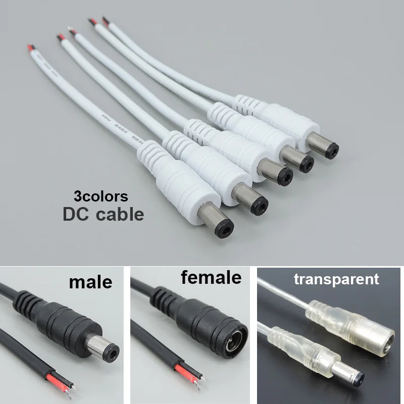 

white transparent DC Male Female Power supply Plug Cable Wire pigtail cord 22awg Connector for neon lamp strip Light 5.5x2.1mm