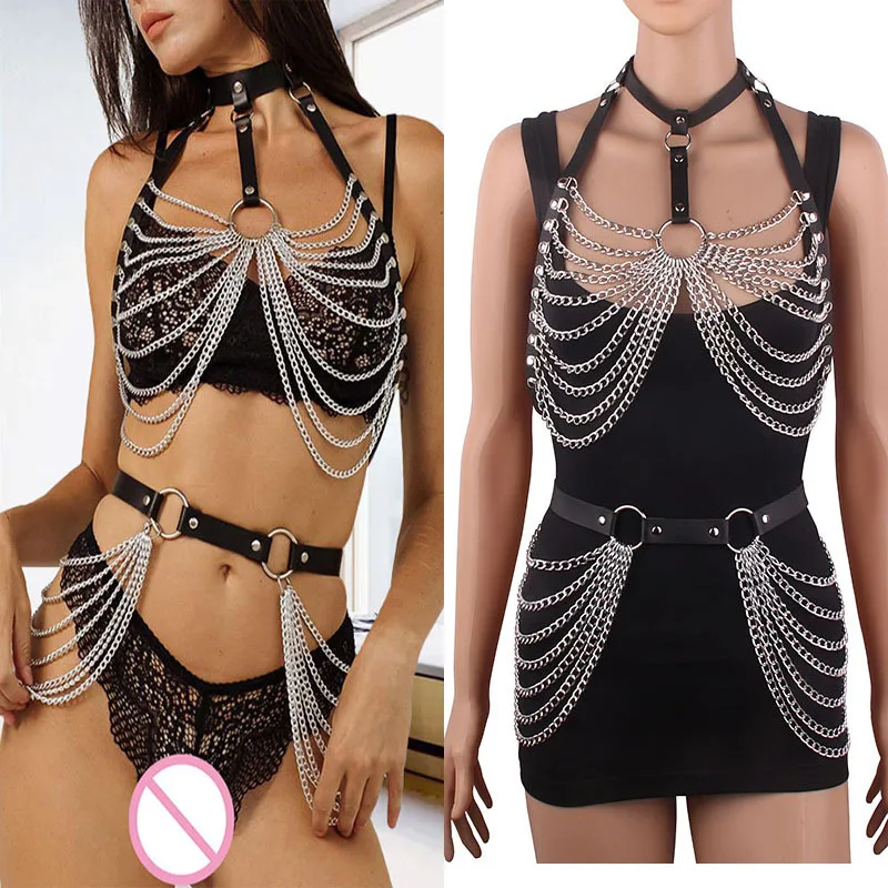 

New Goth Leather Body Harness Chain Bra Top Chest Waist Belt Witch Gothic Punk Fashion Metal Girl Festival Jewelry Accessories