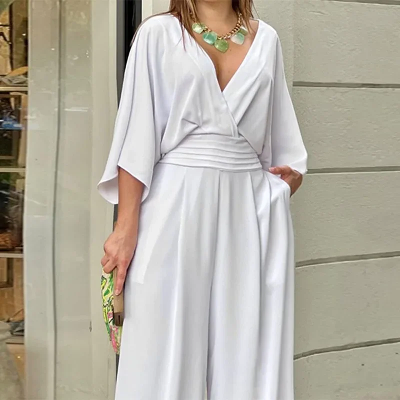 2023 Summer Women's Batman Sleeve V Neck Backless Waist Loose Wide Leg Jumpsuit White Jumpsuit