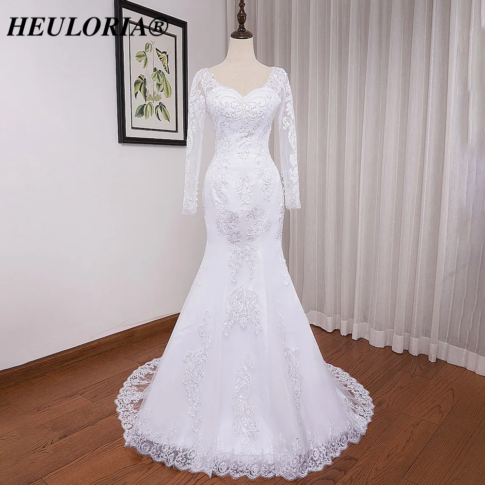 HEULORIA Mermaid Wedding Dresses long Sleeve sweetheart lace applique beading Bride Dress Robe de mariage customize