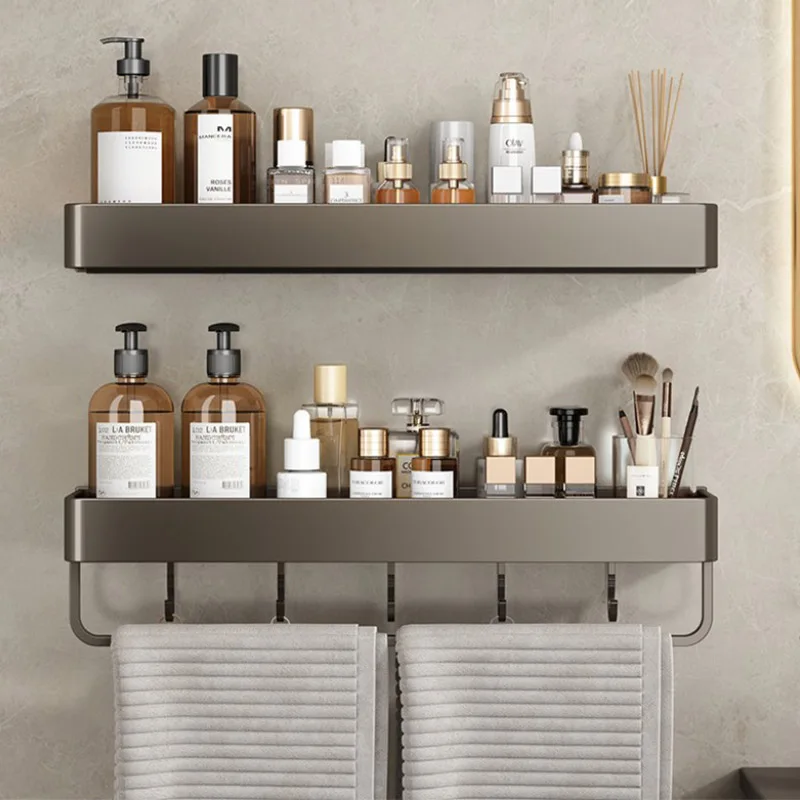 Gun Gray Aluminum Bathroom Wall-mounted Shower Organizer, Punch-free Sink Storage Rack