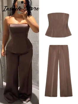 Elegant Brown Satin Strapless Top Pants Set Women Sleeveless Slim Waist Vest Wide Leg Pant 2025 Autumn Lady Chic Street Outfit 1