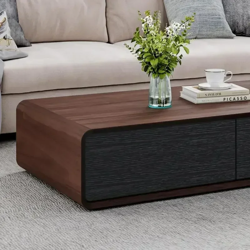 Walnut Black Modern 51" Rectangular Coffee Table, Wood Coffee Table with Storage, 4 Solid Wood Drawers, Fully-Assembled