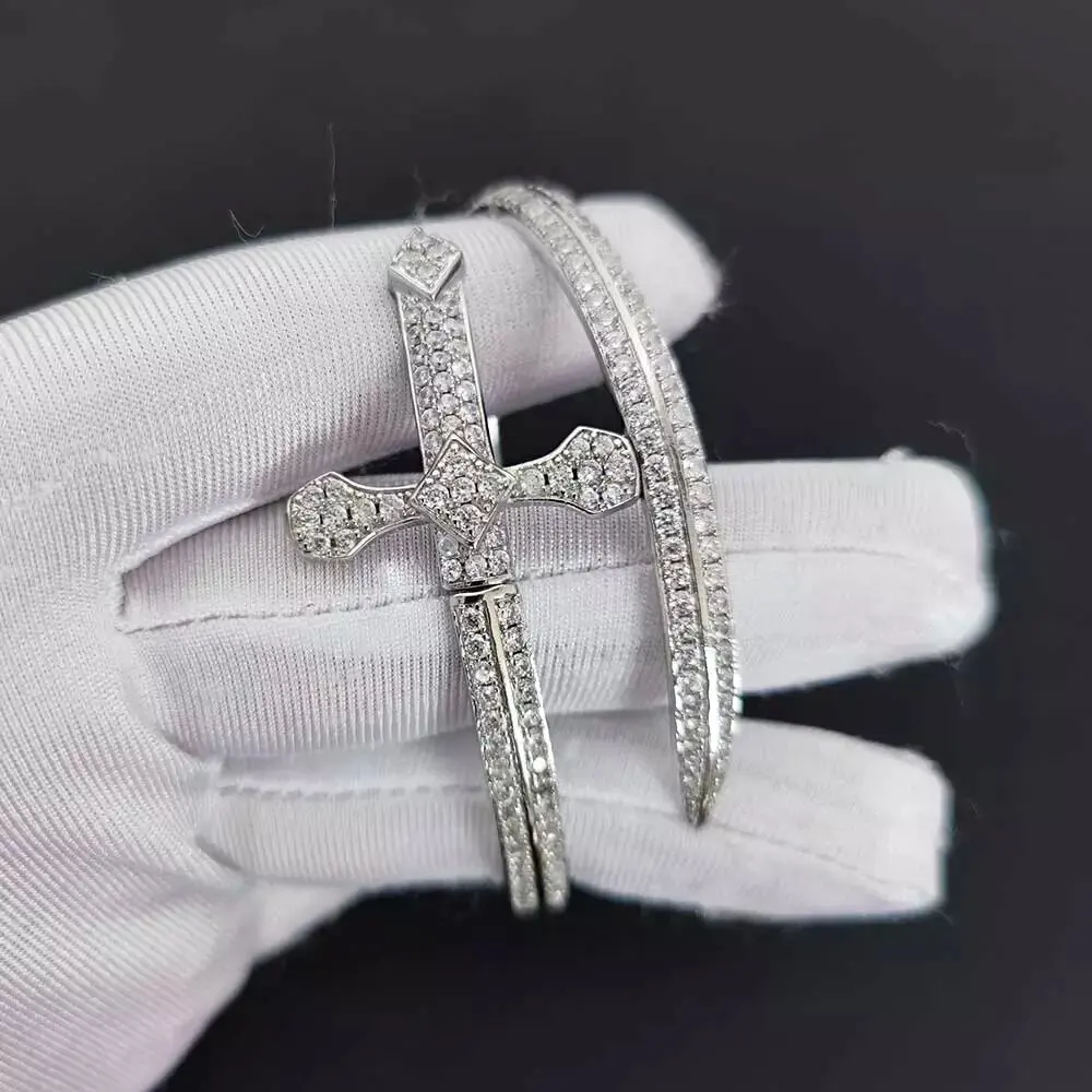 Custom Fashion Women Men Sword of Justice Cross Bangles Hip Hop 2Row Luxury Diamond CZ Cubic Zirconia Cuff Bracelet