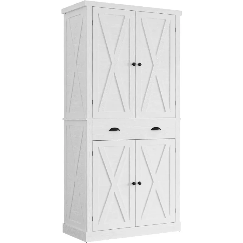 

Kitchen Pantry Storage Cabinet 72" Height, with Barn Doors, Drawer, 4 Adjustable Shelves, Freestanding Cupboard for Dining Room